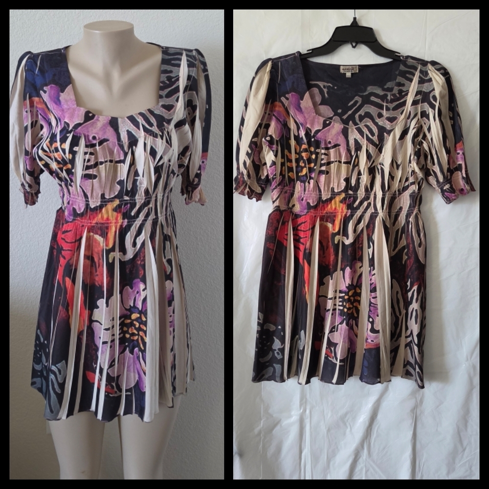 ONE WORLD Floral Scoop-Neck Tunic in Black, Cream, Purple & Pink